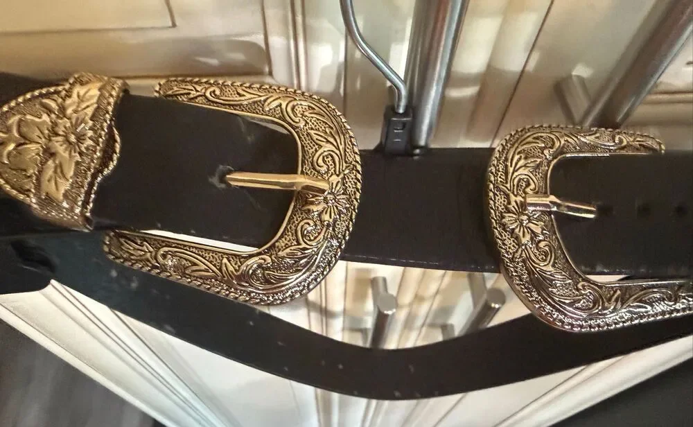 Western Equestrian Women's Beautiful Statement Double Buckle Black Suede Belt